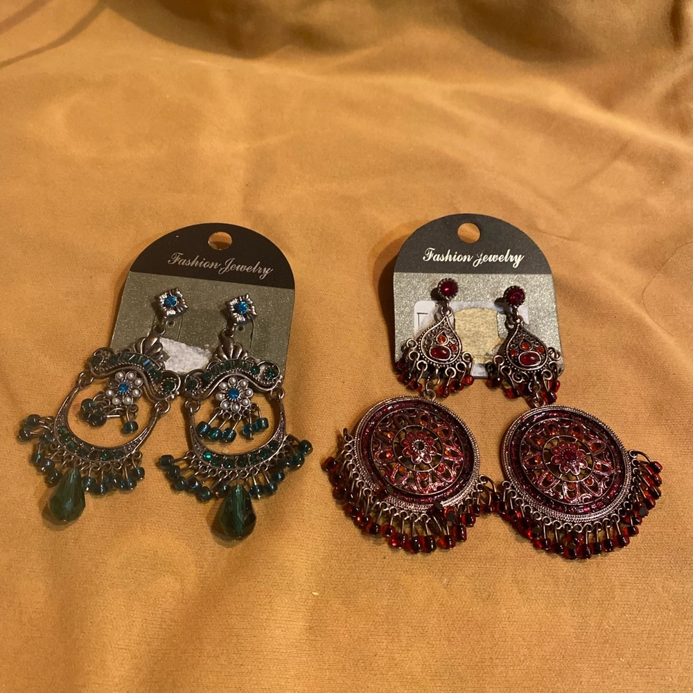 Traditional Indian 2 Pairs Dangling Earrings Green and Red Color Costume jewelry